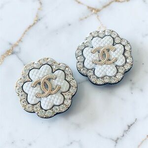 Luxury White/Gold/Rhinestone Camellia Upcycled Button Earrings 22mm